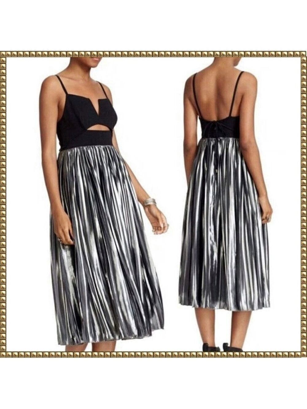 Free People Black Silver Pleated Midi Dress Small